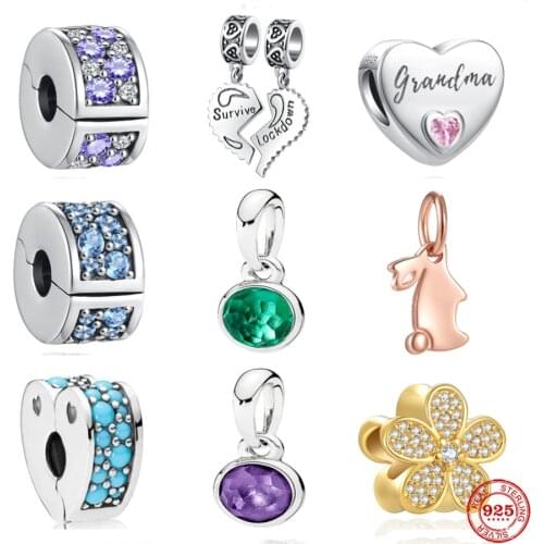 Rabbit Colorful Diamond Clip Grandma Glod Flower Fit Pandora Original Bracelet Charm Beads For Women DIY Jewelry