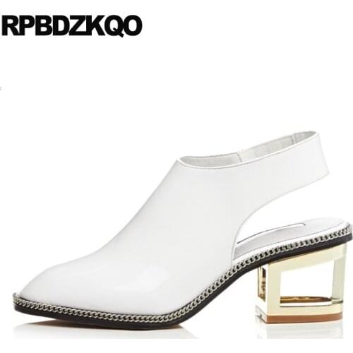 Square toe 2019 pumps luxury medium heels genuine leather size 4 34 slingback brand designer shoes women white block patent high