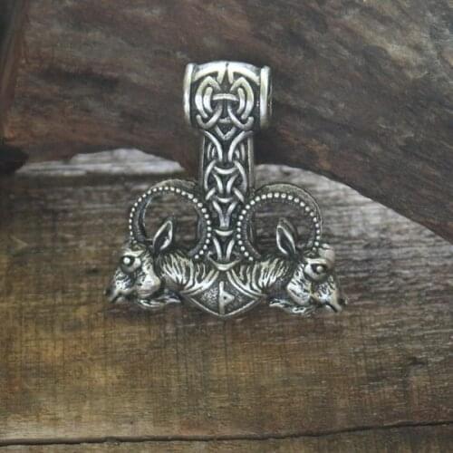 Lanseis lanseis 1pc viking double head ram pendant men necklace viking jewellery norse goat Thunder hammer pendant