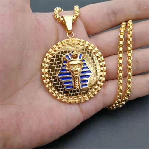 New Egyptian Pharaoh Sphinx Necklace Pendant with Chain and Gold Color Stainless Steel Hip Hop Egypt Round Jewelry Dropshipping