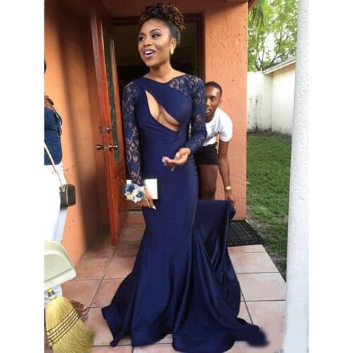 New Arabic Navy Blue Prom Dresses Mermaid Long Sleeves Lace Floor Length 2020 Sexy Black Girls Evening Gowns