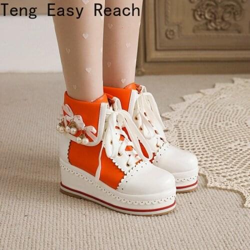 Autumn Lolita Shoes Sweet Lace Ankle Boots Women Round Toe Wedges Boot Fashion Plus Size 45 Platform Booties
