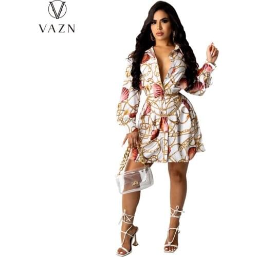 VAZN 2021 INS Holiday Full Sleeve Floral Print Elegant Mini Shirt Dresses Sexy Club Birthday Dress Women Elegant Fashion Dress