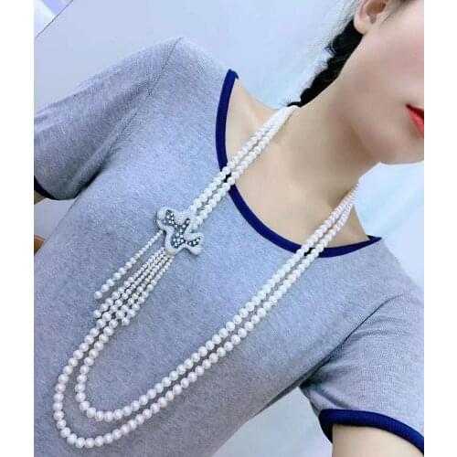 Hand knotted 95-100cm noble 2strands 7-8mm white freshwater pearl micro inlay zircon accessories pearl pendant necklace