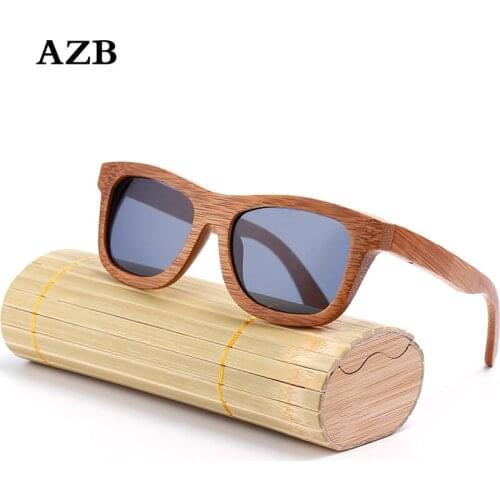 AZB Brand Design Polarized Bamboo Sunglasses Men Wooden Glasses UV400 Women Handmade Wood Mirror Coating Oculos de sol