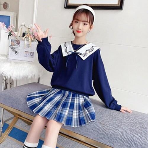 Girls Jk Uniform Suit 2021 Spring Autumn Children Pleated Skirt + Sailor Shirt Set College Style Clothing Outfit 10 11 13 15 16y