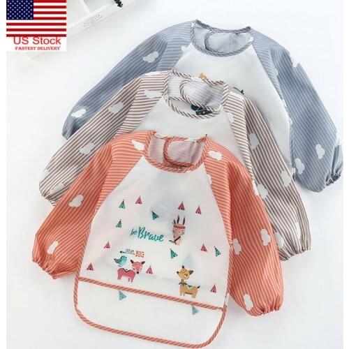 Cartoon Baby Child Feeding Bibs Toddler Long Sleeve Waterproof Apron Pocket Waterproof Cloths with Food Catcher