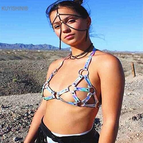 Sexy Punk Women Vinyl PVC Body Halter Harness Hollow out Rainbow Bondaged Belt Top Bra Caged Leather Belts Straps