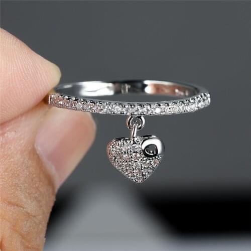 Female Cute Small Heart Pendant Ring Simple Fashion White Zircon Stone Ring Vintage Gold Silver Color Engagement Rings For Women