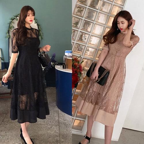 Maxi lengt Dress for women Summer 2 piece Suit Lace Short Sleeve Sundress Ladies hollow out A line Cabaret Party Dresses