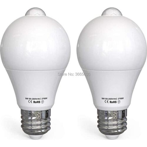 2PCS 9W Motion Sensor Light Bulb Dusk to Dawn Built-in PIR Motion Detector Bulbs 2700K Warm White Auto On/Off E26 E27 110V 220V