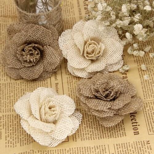 2pcs Jute Hessian Burlap Rose Handmade Artificial Flowers Vintage Rustic Wedding Decoration Flowers Party Birthday Supplies