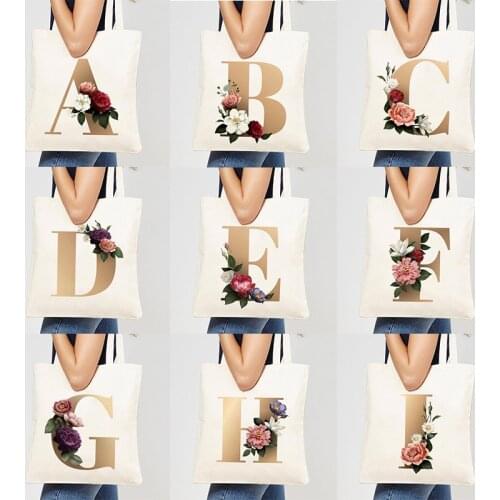 26 Letter White Canvas Handbag Shopping Tote Bags Eco Reusable Foldable Shoulder Bag Large Shopper Bag for Women Hand Bags