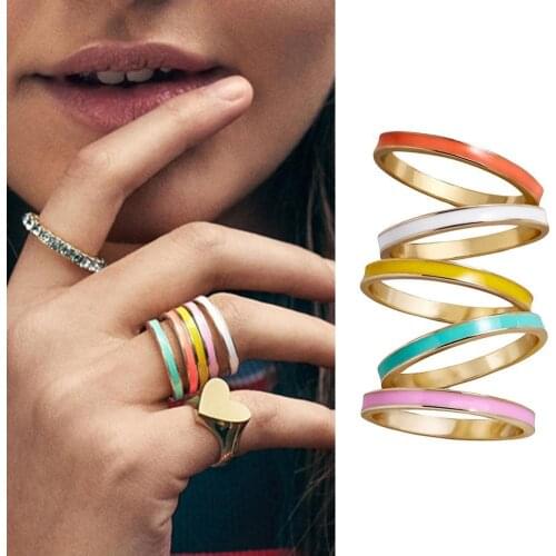 5Pcs/Set Fashion Simple Women Multicolor Enamel Stacking Ring Party Jewelry Gift Ring Multicolor Simple Small Jewelry Gifts