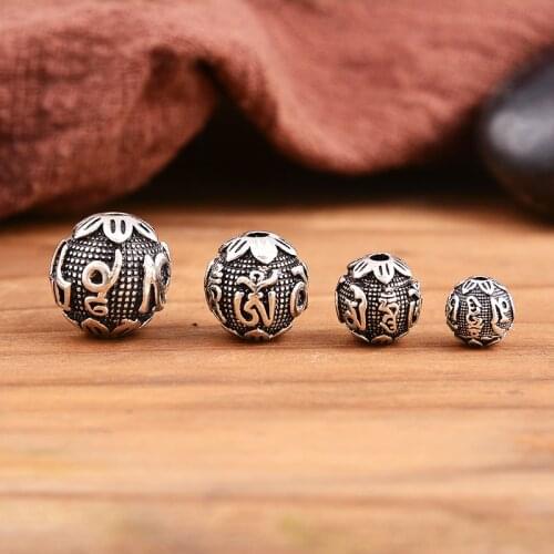 925 Sterling Silver Vintage Buddhism Six Word Mantra Sanskrit Beads DIY Bracelet Handmade Thai Silver String Bead Accessories