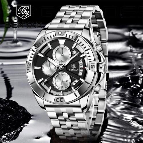 BENYAR New Mens Watches Top Luxury Brand Quartz Watches Mens Fashion Stainless Steel Strap Waterproof Luminous Wristwatches