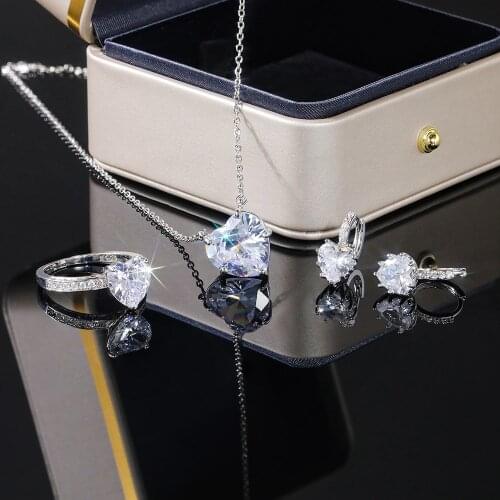 Huiran Crystal Heart Cubic Zirconia Ring/Earring/Necklace Bridal Wedding Engagement Luxury Accessories Romantic Set Love Jewelry