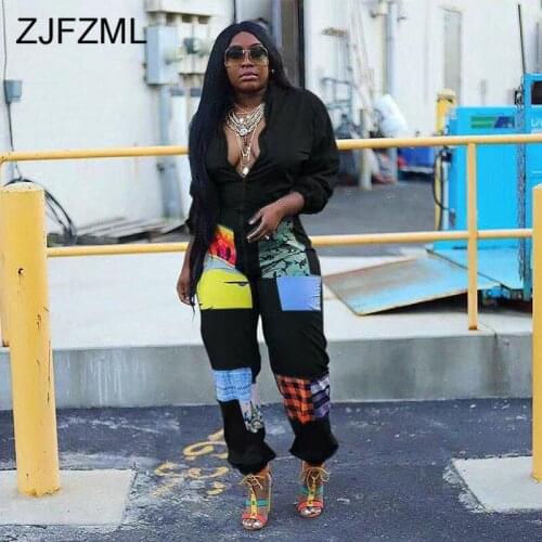 Plaid Panelled Sexy Jumpsuit for Women Standing Collar Front Zipper Slim Playsuit Party Clubwear Long Sleeve Plus Size Rompers