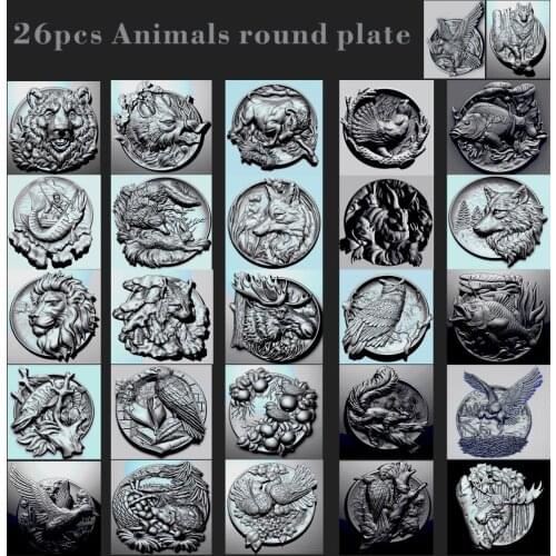 26pcs Animals round plate 3d model STL relief for CNC Router STL format Artcam Aspire Cut3D Vcarve