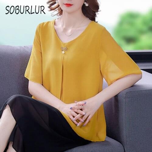 SOBURLUR Summer New Chiffon Blousas Elastic Womens T-shirts Plussize Crop Top Woman Clothes Dreeses O-neck Tunics Loose Female