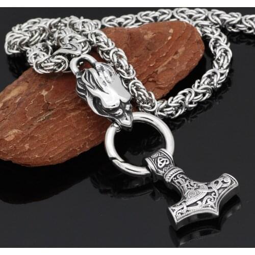 Men norse Viking stainless steel odin raven head with thor hammer pendant necklace