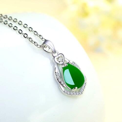 Natural Green Jade Chalcedony Water Drop Pendant 925 Silver Necklace Chinese Carved Charm Jewelry Fashion Amulet for Women Gifts