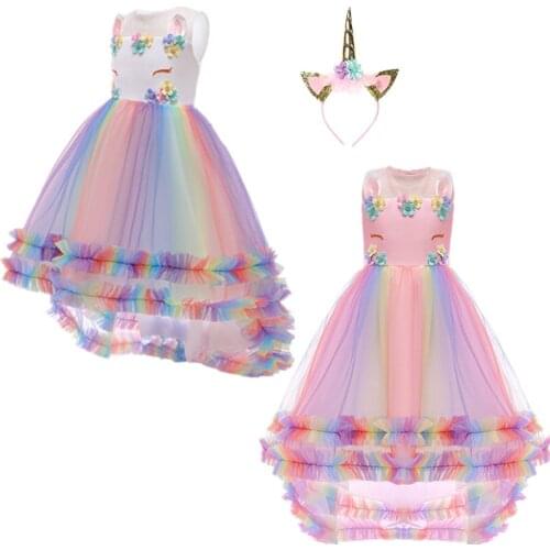 New Girl European American Fashion Cosplay Unicorn Rainbow Skirt Flower Girl Net Yarn Princess Dress Halloween Performance Dress