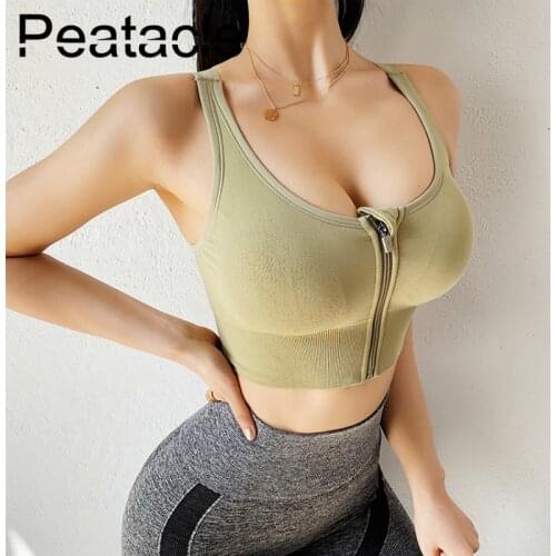 Peatacle Front Zipper Sports Underwear Female Cross Beauty Back Gather Fitness Workout Yoga Bra Women Padded High Impact
