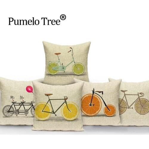 Hot Selling Simple Style Fruit Bicycle Flax Cotton Throw Pillow Home Sofa Chair Seat Waist Cushion 45*45 Cm Wholesale