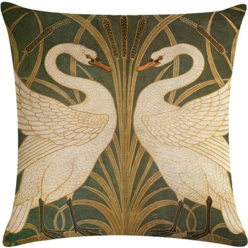 Oil Painting Animal Bird Linen Bed Green Floral Cushion Cover Parrot Swan Decorative Pillows for Sofa Case Farmhouse Home Decor