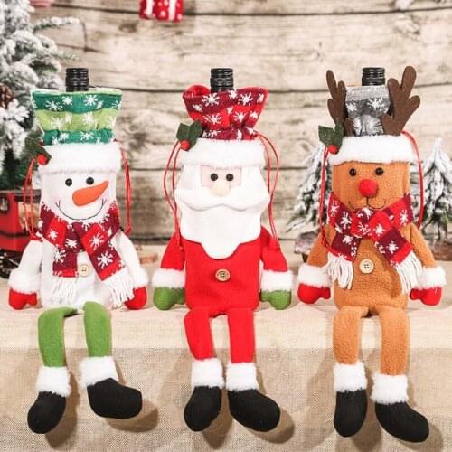 Long-legged Santa Snowman Elk Christmas Wine Bottle Cover Xmas Decor Wine Bottle Bags with Drawstrings Reusable Wine Bottle