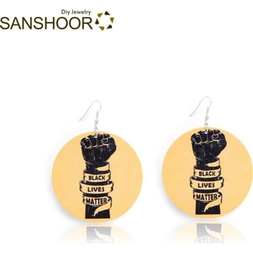 SANSHOOR Newest Afro Wooden Earrings Printing Black Lives Matter Fist Drop Earrings for Women Gifts 1Pair