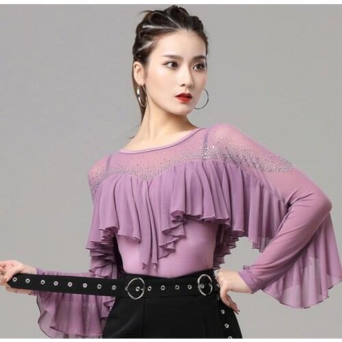 Ruffle Latin Dance Tops Mesh Stitching Sleeve Ballroom Dancing Competition Shirt Rhinestone Gorgeous Performance Costume VDB3648