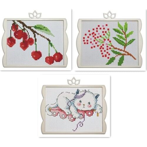 Small framed cross stitch 11CT Printed embroidered cloth mini cat cherry red and green leaf painting embroidery
