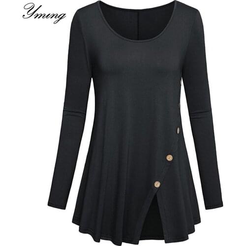 YMING Womens Autumn Round Neck Tops Long Sleeve Button-Decorated Solid T-Shirt Casual Comfortable T-Shirt Fashion Button Shirts