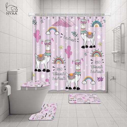 Funny Animal Print Shower Curtain and Bath Rugs Set Modern Alpaca Pattern Bath Curtains for Bathroom Home Decor