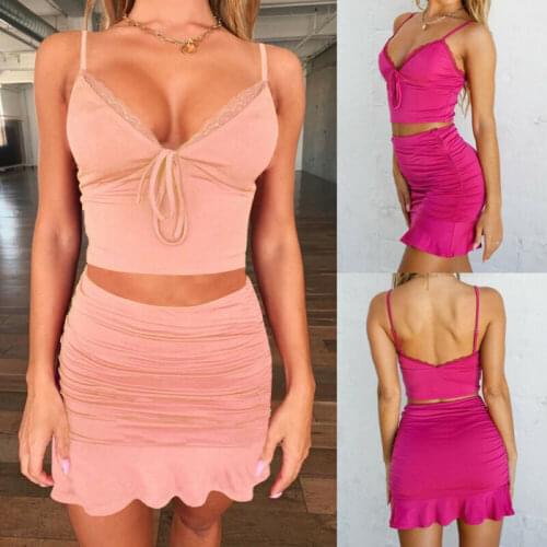 2pc Women sets Sleeveless V Neck Sling Camisole lace Short vest Tops Folds Ruffle Mini Skirts Party Set