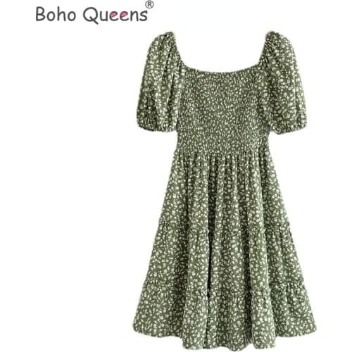Boho Queens women floral print short sleeve beach Bohemian dress Ladies square collar polyester Boho mini dress vestidos