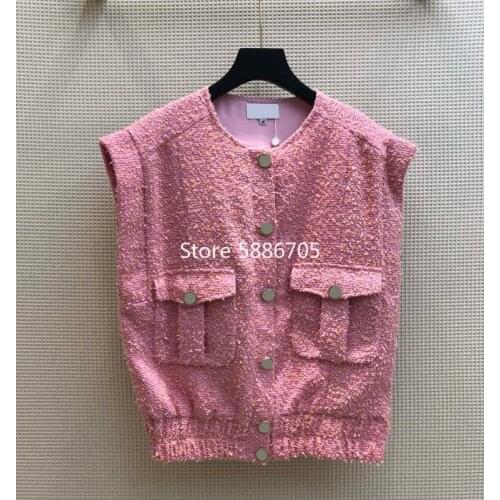 Retro Sleeveless Loose pink Tweed vests Women 2021 New Spring single Breasted Solid Color High-end weave waistcoat S271