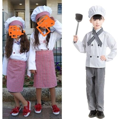 2021 Kids Chef Jackets Kitchen Roleplay Uniform Cook Hat Restaurant Cosplay Costumes Halloween Children Waitress Clothing Sets