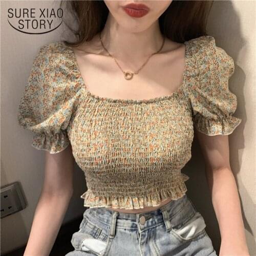 Stretchy Shirt Summer Sweet Ruffle Square Collar Cropped Blouses Women Short Puff Sleeve Print Chiffon Crop Tops For Girls 10157