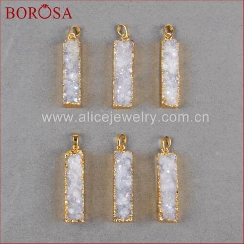 BOROSA Rectangle Natural Stone Titanium AB Druzy Pendant Gold Bezel Stone Drusy Geode Fashion Pendant for Necklace Making G0500