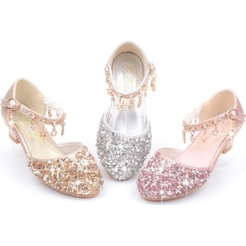 Summer Girls High Heel Princess Sandals Children Shoes Glitter Leather Pearl Girls Kids Shoes For Party Dress Wedding Party Shoe
