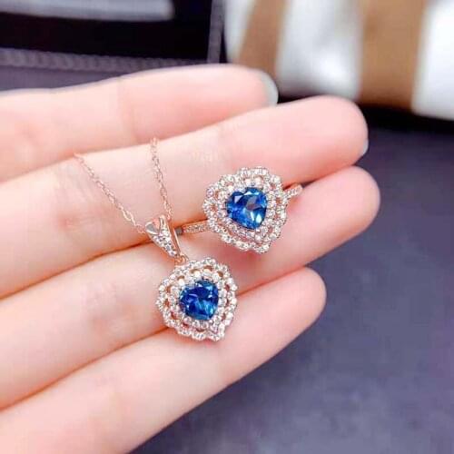 Natural Topaz S925 Sterling Silver Heart-shaped Ring Pendant Necklace Set Fine Fashion Weddings Jewelry for Women MeibaPJFS