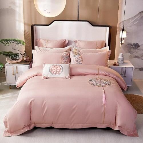 Chinoiserie Vintage Chic Embroidery Tassels Pink Duvet Cover 100%Long Staple Cotton Ultra Soft Bedding Set Bed Sheet Pillowcases