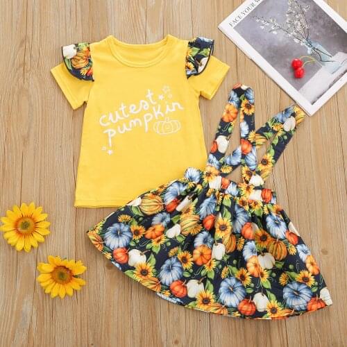 1-6Y Toddler Kids Baby Girl Short Sleeve Cotton T-shirt Tops Floral Suspender Skirt 2PCS Outfits Summer Autumn Clothes Set
