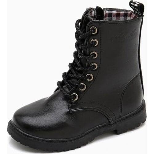 Children Leather Army Boots Lacing Up Waterproof Stage Shoes Black Non-slip Boy Girl Mid-calf Boot