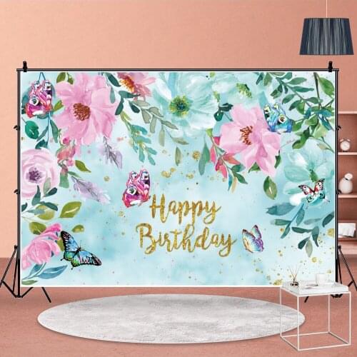 Blue Theme Happy Birthday Party Backdrops Flowers Butterflies Room Wall Decor for Children Photography Poster Background Banner