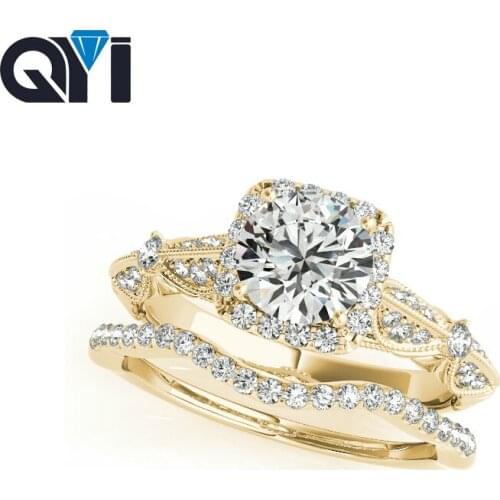 QYI Halo Wedding Rings Sets Round Cut 1 ct Sona Simulated Diamond Jewelry Women 14K Solid Yellow Gold Engagement Ring
