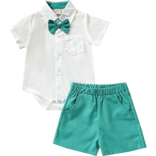 Clothes For Newborns Baby Boys Solid Color Turn-down Collar Short Sleeve Romper Elastic Waist Shorts Clothing For Boys 3-24M